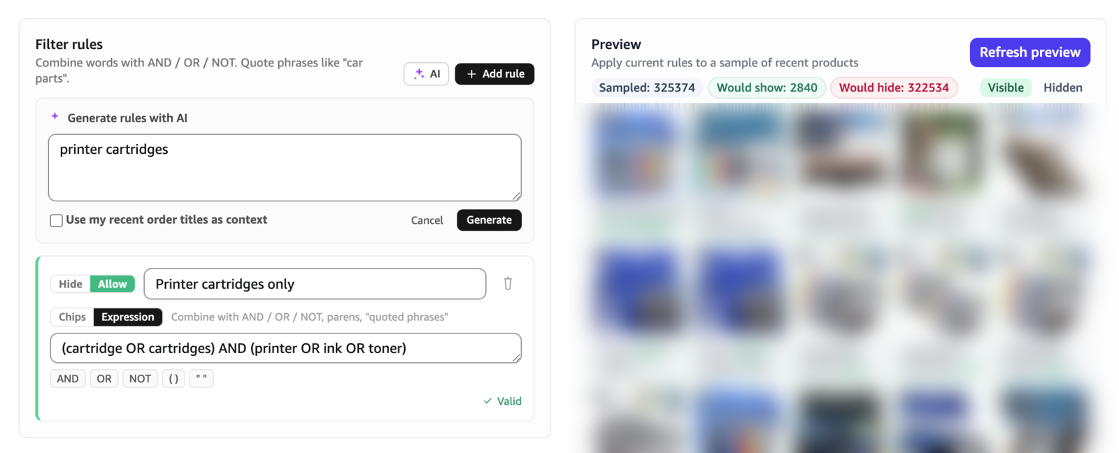 An AI-generated Allow rule (Expression view) with a live preview of what would show vs hide.
