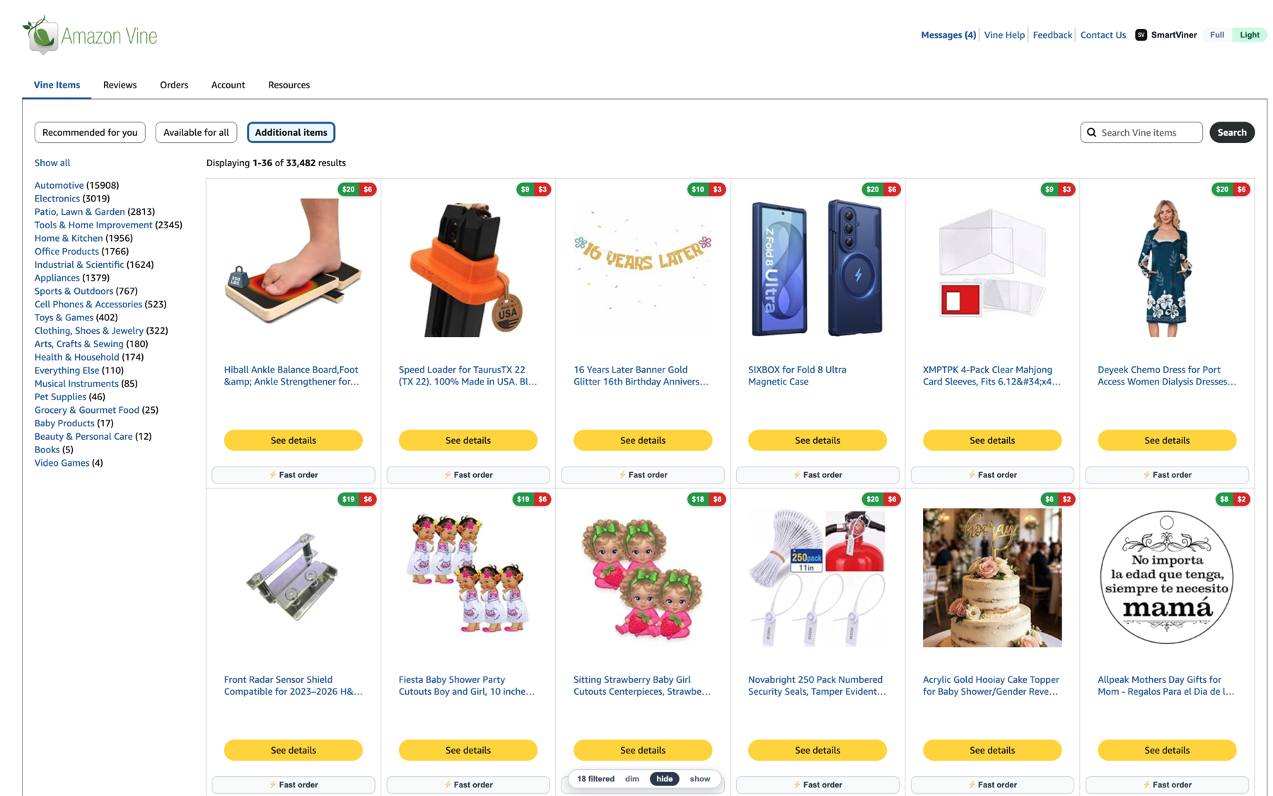 Light Mode: Amazon's own Vine page with SmartViner ETV and tax badges, fast order buttons and filters